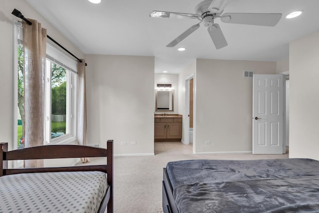 633 Buckthorn Ter, Buffalo Grove, IL 60089 - bedroom with light carpet, recessed lighting, connected bathroom, and a ceiling fan