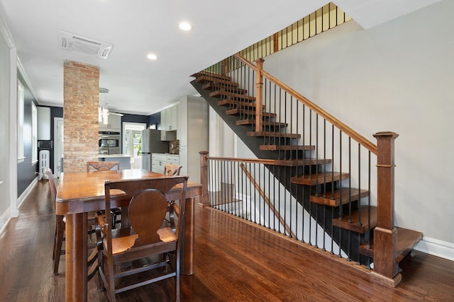 919 N Harvey Ave, Oak Park, IL 60302 - dining area with dark wood-type flooring, recessed lighting, ornamental molding, and stairway
