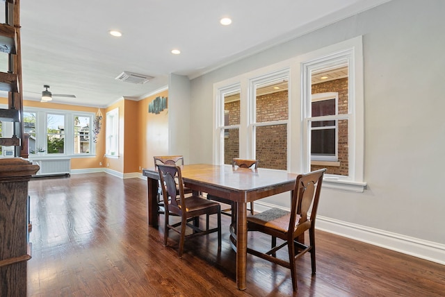 919 N Harvey Ave, Oak Park, IL 60302 - dining area with dark wood-type flooring, recessed lighting, crown molding, radiator heating unit, and a ceiling fan
