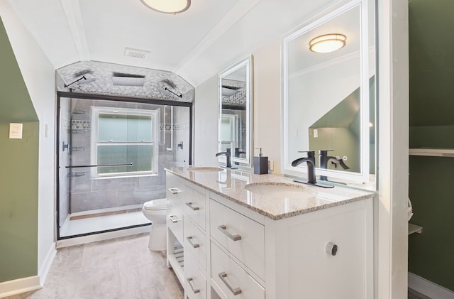 919 N Harvey Ave, Oak Park, IL 60302 - full bathroom featuring double vanity, a stall shower, and lofted ceiling
