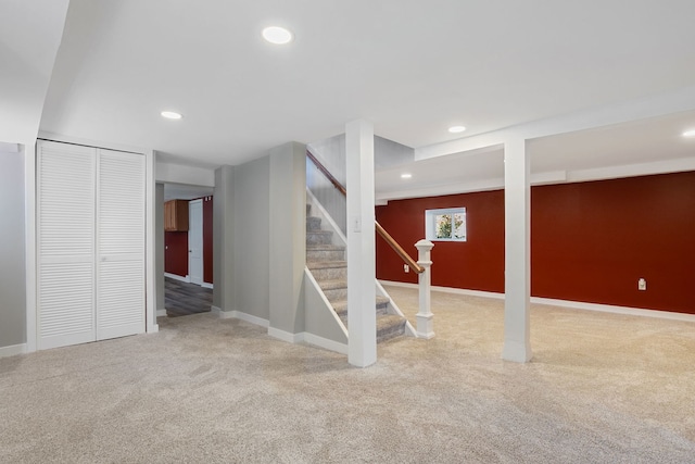 919 N Harvey Ave, Oak Park, IL 60302 - below grade area with carpet, stairs, and recessed lighting
