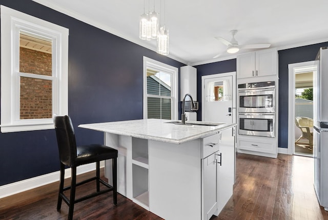 919 N Harvey Ave, Oak Park, IL 60302 - kitchen with double oven, dark wood finished floors, light stone counters, pendant lighting, and crown molding