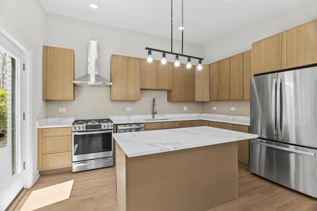 319 Kilpatrick Ave, Wilmette, IL 60091 - kitchen with stainless steel appliances, wall chimney range hood, light wood finished floors, and decorative backsplash