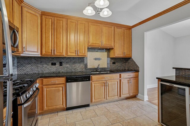 11114 Heritage Dr Unit 3C, Palos Hills, IL 60465 - kitchen featuring appliances with stainless steel finishes, beverage cooler, backsplash, dark stone countertops, and a chandelier
