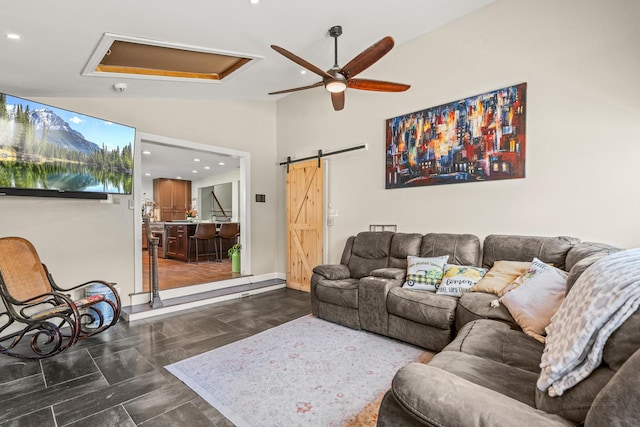 330 N Country Club Dr, Addison, IL 60101 - living room featuring ceiling fan, a barn door, vaulted ceiling, and recessed lighting