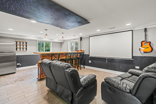330 N Country Club Dr, Addison, IL 60101 - home theater room with a dry bar, recessed lighting, light wood finished floors, and crown molding