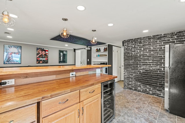 330 N Country Club Dr, Addison, IL 60101 - kitchen with butcher block countertops, freestanding refrigerator, wine cooler, a barn door, and recessed lighting