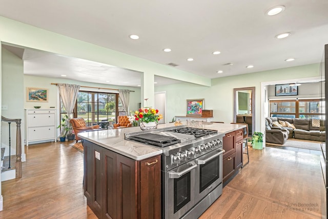 330 N Country Club Dr, Addison, IL 60101 - kitchen featuring double oven range, open floor plan, light wood-style flooring, recessed lighting, and light stone countertops