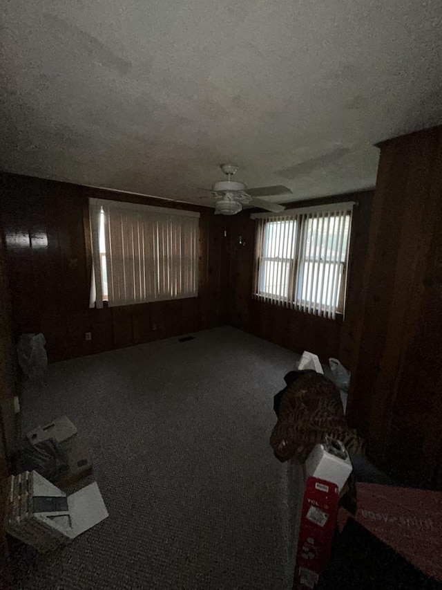 8427 S Peoria St, Chicago, IL 60620 - unfurnished living room with wooden walls, a ceiling fan, a textured ceiling, and carpet