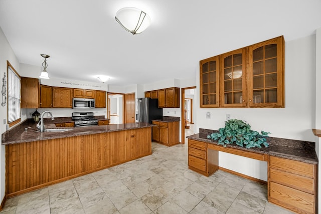 1630 Ainsley Ln, Lombard, IL 60148 - kitchen with stainless steel appliances, glass insert cabinets, a peninsula, and dark stone countertops