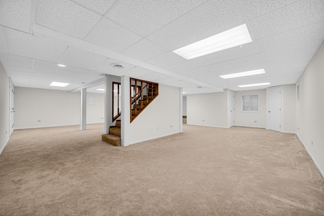 1630 Ainsley Ln, Lombard, IL 60148 - finished basement with light carpet, stairs, and a paneled ceiling