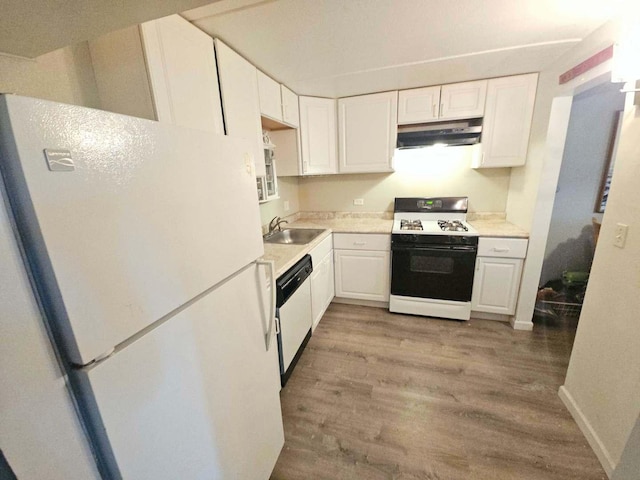 855 Village Quarter Rd Unit C, West Dundee, IL 60118 - kitchen with white appliances, under cabinet range hood, wood finished floors, white cabinets, and light countertops