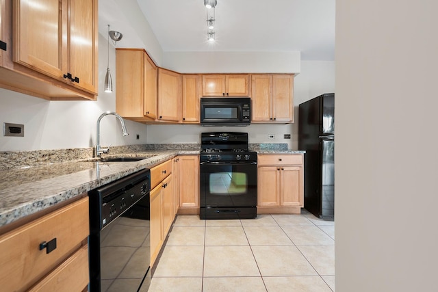 4825 W 109th St Unit 303, Oak Lawn, IL 60453 - kitchen with black appliances, light stone countertops, light brown cabinets, and light tile patterned floors