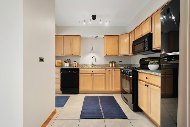 4825 W 109th St Unit 303, Oak Lawn, IL 60453 - kitchen featuring black appliances, light tile patterned flooring, light stone counters, light brown cabinets, and track lighting