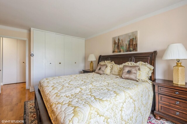 7033 N Kedzie Ave Unit 512, Chicago, IL 60645 - bedroom featuring ornamental molding, light wood finished floors, and a closet