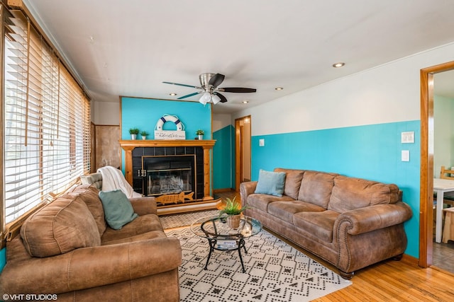 31 Medinah Ave, Fox Lake, IL 60020 - living area with a ceiling fan, wood finished floors, a fireplace, and recessed lighting