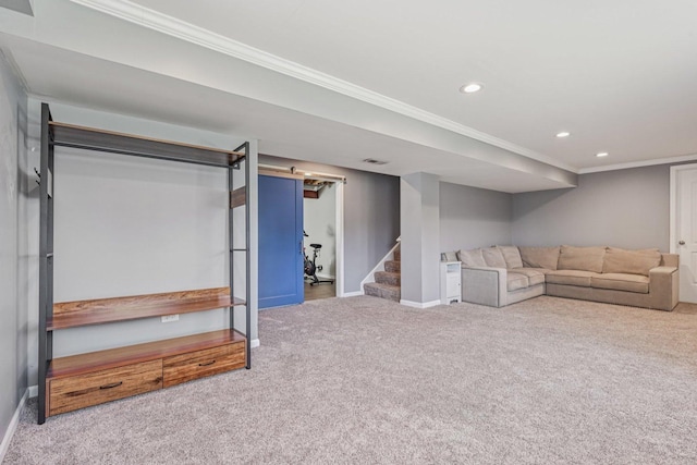 707 Brighton Dr, Pingree Grove, IL 60140 - finished below grade area with carpet, ornamental molding, recessed lighting, and stairs
