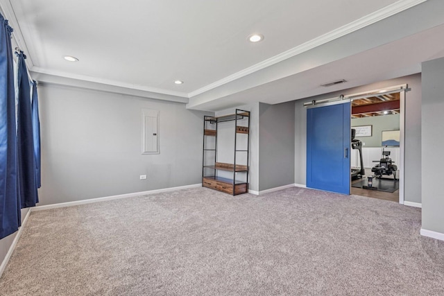 707 Brighton Dr, Pingree Grove, IL 60140 - finished basement featuring carpet floors, crown molding, recessed lighting, a barn door, and electric panel