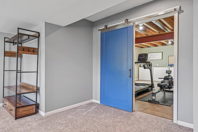 707 Brighton Dr, Pingree Grove, IL 60140 - exercise room featuring carpet flooring and a barn door