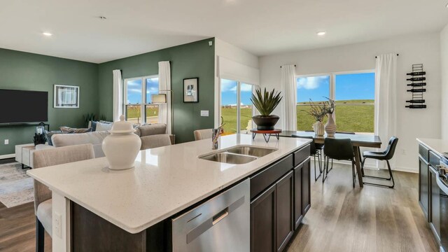 5025 Yates Dr, Mount Pleasant, WI 53403 - kitchen with dishwasher, wood finished floors, open floor plan, a kitchen island with sink, and recessed lighting