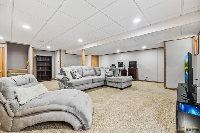 1878 Grassy Knoll Ct, Romeoville, IL 60446 - living area featuring carpet, stairway, a paneled ceiling, and recessed lighting