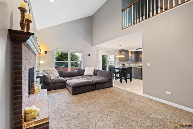 1878 Grassy Knoll Ct, Romeoville, IL 60446 - living room with a fireplace, a chandelier, a towering ceiling, and carpet floors