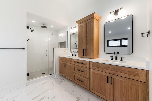 425 Sherman St, Downers Grove, IL 60515 - full bathroom featuring a shower stall, double vanity, marble finish floors, and recessed lighting