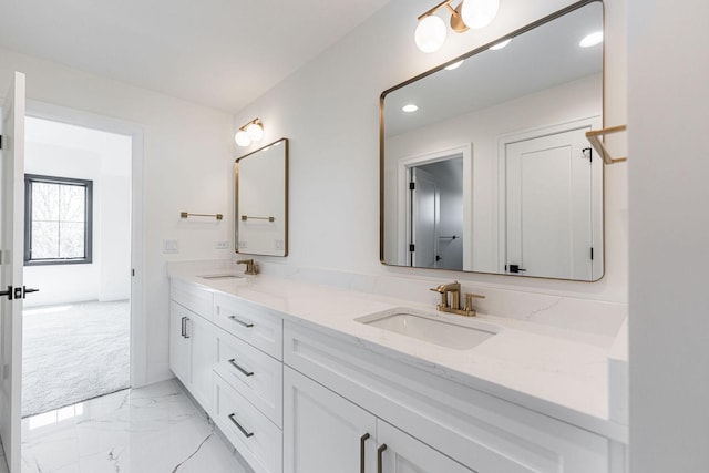 425 Sherman St, Downers Grove, IL 60515 - full bathroom featuring double vanity, marble look tile flooring, and recessed lighting