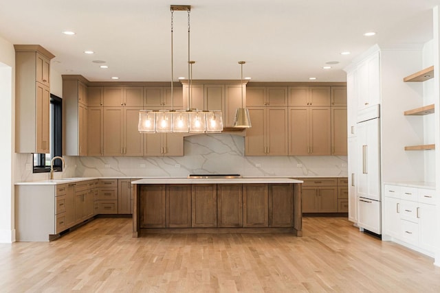 425 Sherman St, Downers Grove, IL 60515 - kitchen featuring open shelves, a kitchen island, light wood-style flooring, and recessed lighting