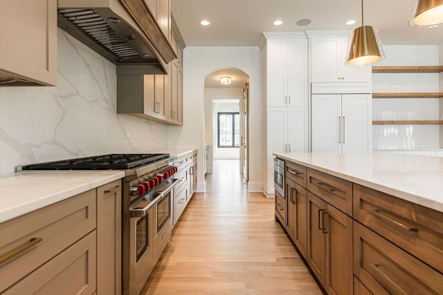 425 Sherman St, Downers Grove, IL 60515 - kitchen featuring high end appliances, ventilation hood, light wood-style floors, arched walkways, and tasteful backsplash