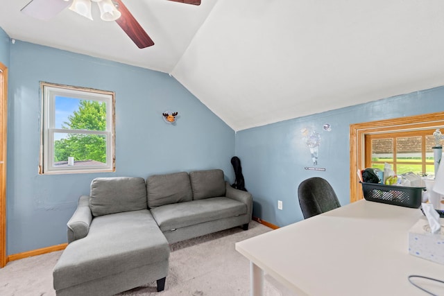 6422 Steward Rd, Rockford, IL 61101 - living room with vaulted ceiling, plenty of natural light, light carpet, and ceiling fan