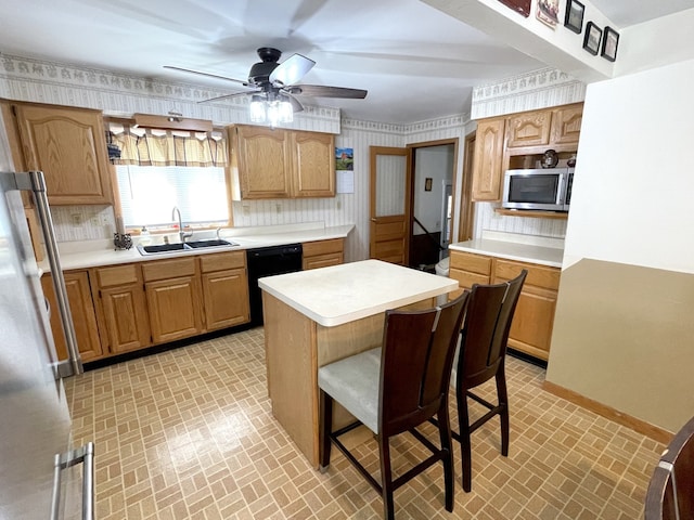 825 Swift Ave, Oglesby, IL 61348 - kitchen featuring freestanding refrigerator, dishwasher, stainless steel microwave, brick patterned flooring, and wallpapered walls