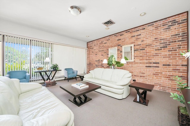 77 Lake Hinsdale Dr Unit 207, Willowbrook, IL 60527 - carpeted living room with brick wall and a baseboard heating unit