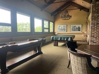 77 Lake Hinsdale Dr Unit 207, Willowbrook, IL 60527 - recreation room featuring billiards, a wood ceiling with exposed beams, high vaulted ceiling, and carpet flooring