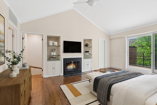 1327 N Sutton Pl, Chicago, IL 60610 - bedroom featuring dark wood finished floors, a fireplace with flush hearth, ceiling fan, crown molding, and high vaulted ceiling