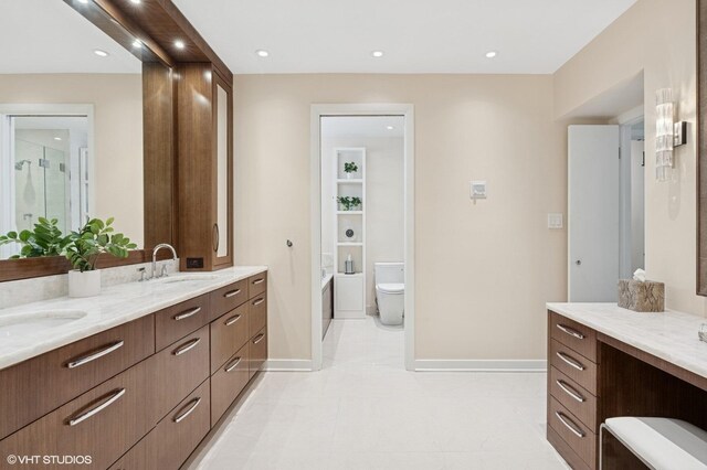 1327 N Sutton Pl, Chicago, IL 60610 - full bath featuring double vanity, a bath, tile patterned flooring, recessed lighting, and a shower