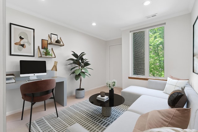 1327 N Sutton Pl, Chicago, IL 60610 - carpeted living area featuring recessed lighting, ornamental molding, and a desk