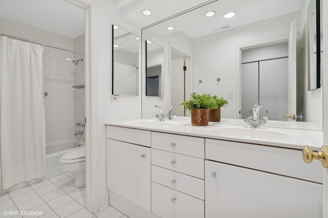 1327 N Sutton Pl, Chicago, IL 60610 - bathroom with double vanity, shower / tub combo with curtain, tile patterned floors, and recessed lighting