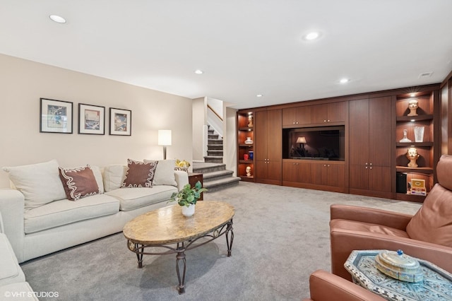 1327 N Sutton Pl, Chicago, IL 60610 - living room featuring stairs, light carpet, and recessed lighting