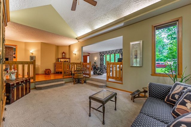 4303 Singleton Close, Rockford, IL 61114 - living area featuring carpet floors, a textured ceiling, ceiling fan, and lofted ceiling