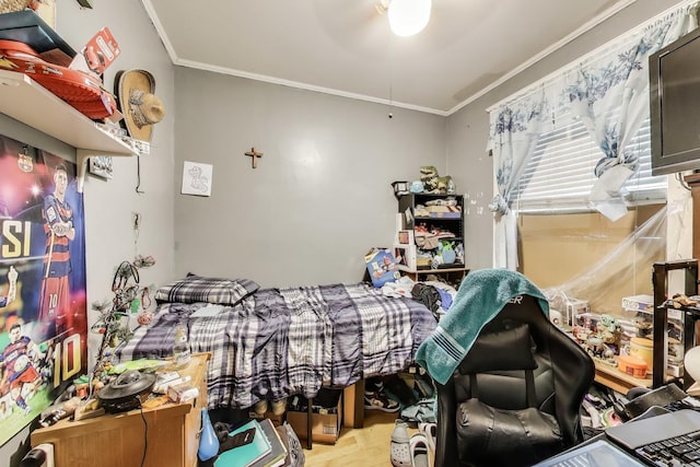 4444 N Spaulding Ave, Chicago, IL 60625 - bedroom with ornamental molding, wood finished floors, and a ceiling fan