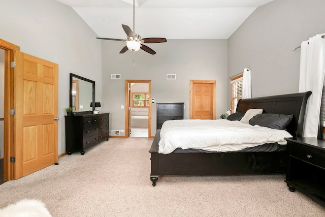 325 2nd St, Downers Grove, IL 60515 - bedroom featuring high vaulted ceiling, light colored carpet, ensuite bath, and ceiling fan