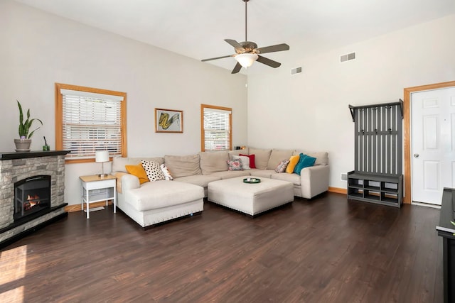 325 2nd St, Downers Grove, IL 60515 - living room featuring ceiling fan, dark wood-style flooring, a fireplace, and high vaulted ceiling