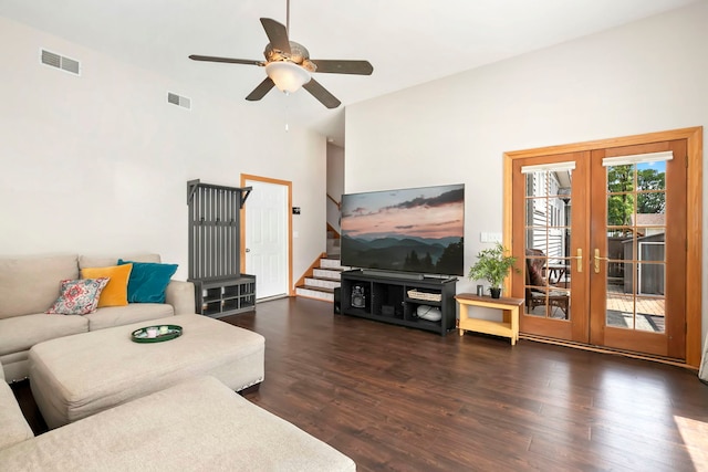 325 2nd St, Downers Grove, IL 60515 - living area featuring wood finished floors, french doors, a ceiling fan, and a high ceiling