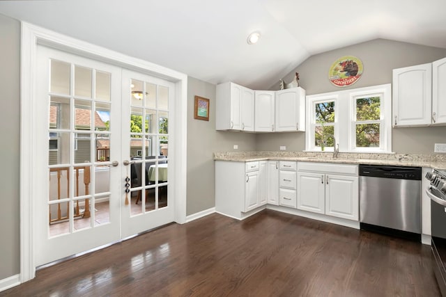 325 2nd St, Downers Grove, IL 60515 - kitchen featuring dishwasher, plenty of natural light, french doors, light stone counters, and lofted ceiling