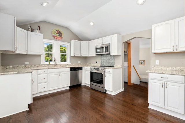 325 2nd St, Downers Grove, IL 60515 - kitchen featuring appliances with stainless steel finishes, lofted ceiling, white cabinets, dark wood-style floors, and recessed lighting