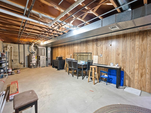 18118 Whitman Ln, Lansing, IL 60438 - unfinished basement with gas water heater, heating unit, and wood walls