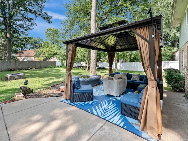 18118 Whitman Ln, Lansing, IL 60438 - fenced backyard with an outdoor living space with a fire pit, a gazebo, and a patio area