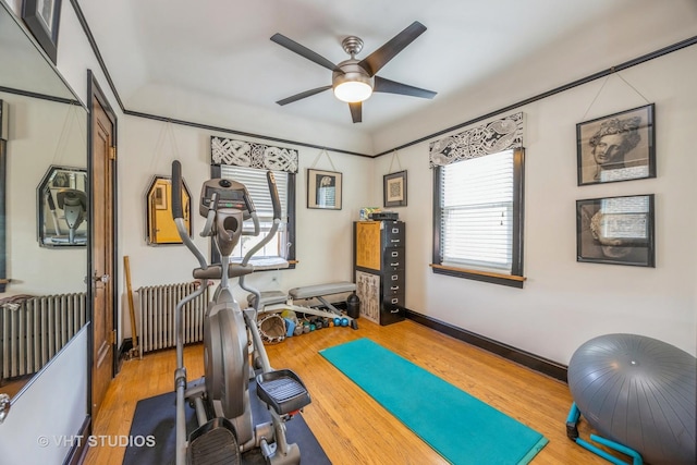 1823 N Newland Ave, Chicago, IL 60707 - workout room with a ceiling fan, wood finished floors, and radiator