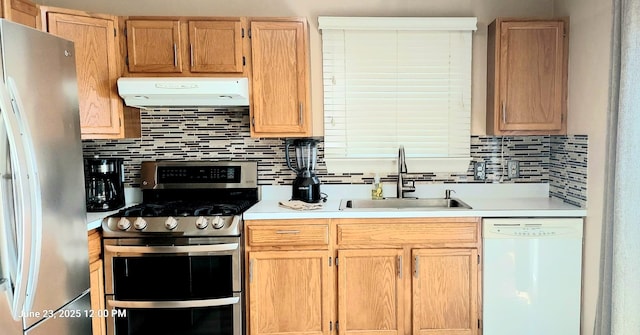 100 Hamlet Cir, Montgomery, IL 60538 - kitchen with dishwasher, freestanding refrigerator, ventilation hood, double oven range, and tasteful backsplash